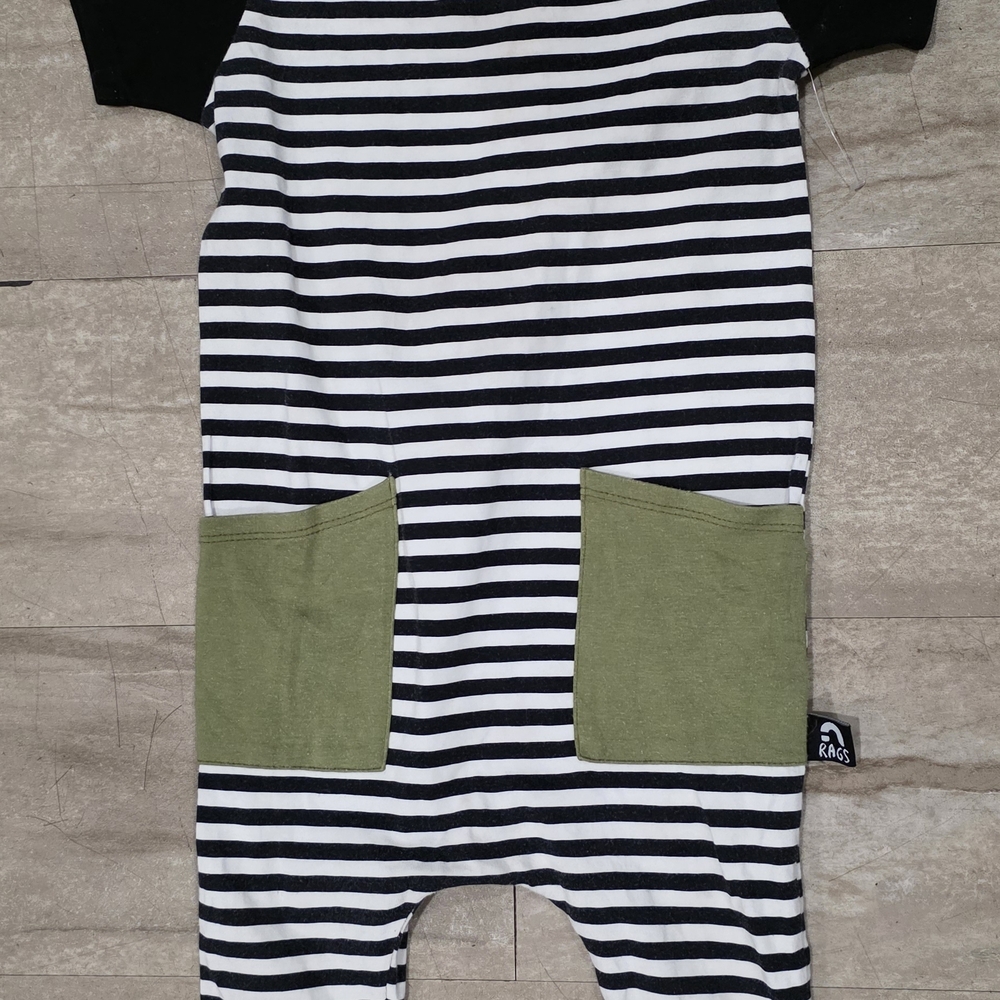 Rags to Raches Black and White Striped Bodysuit with Green Pockets